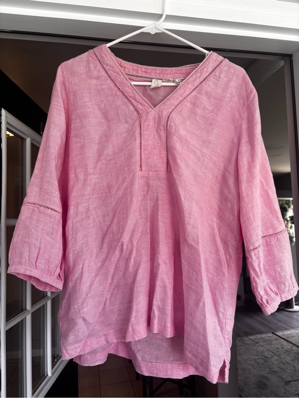 Joie Pink Linen V-Neck Tunic with Eyelet Trim